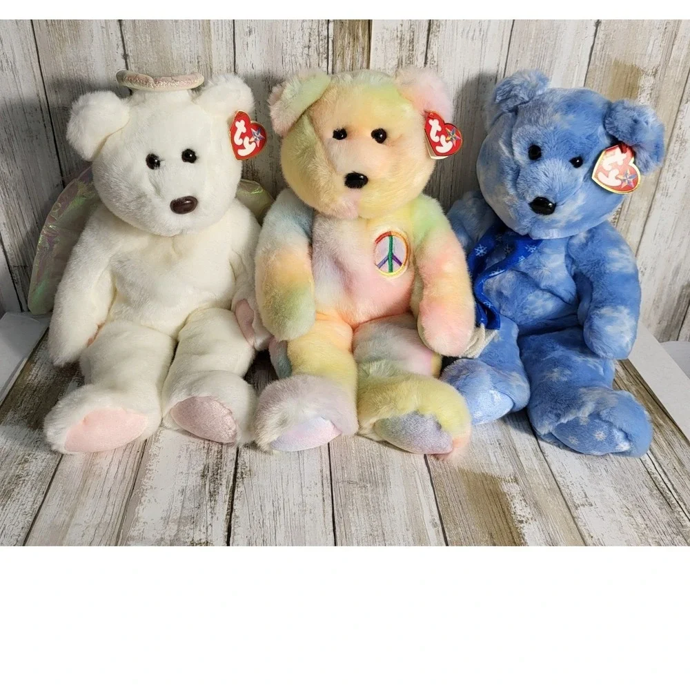 Ty Beanie Buddies Plush Bear Lot Peace Tie-Dye Halo Angel 1999 Holiday Teddy 3pc